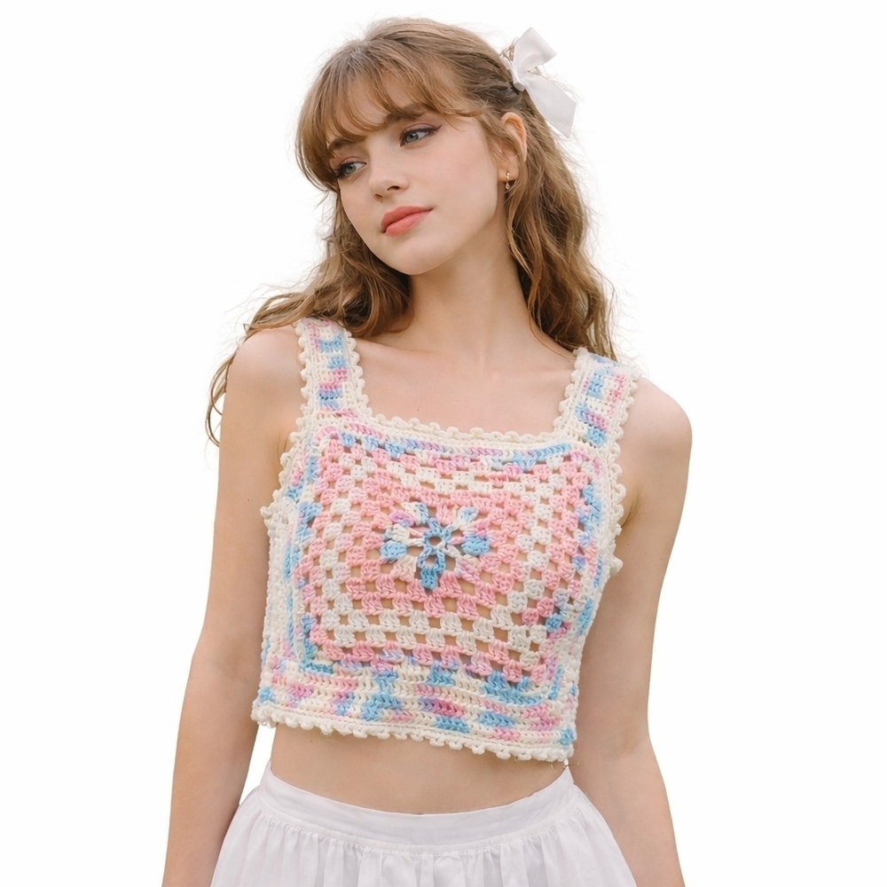 Vintage Y2K Blue Pink White Grannycore Granny Square Crocheted Crop Sweater … - Picture 1 of 12